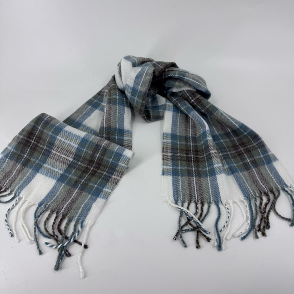 James Pringle Weavers Blue and Gray Tartan Scarf with Fringed Ends
